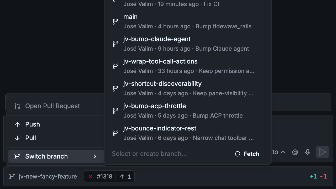 Tidewave branch menu