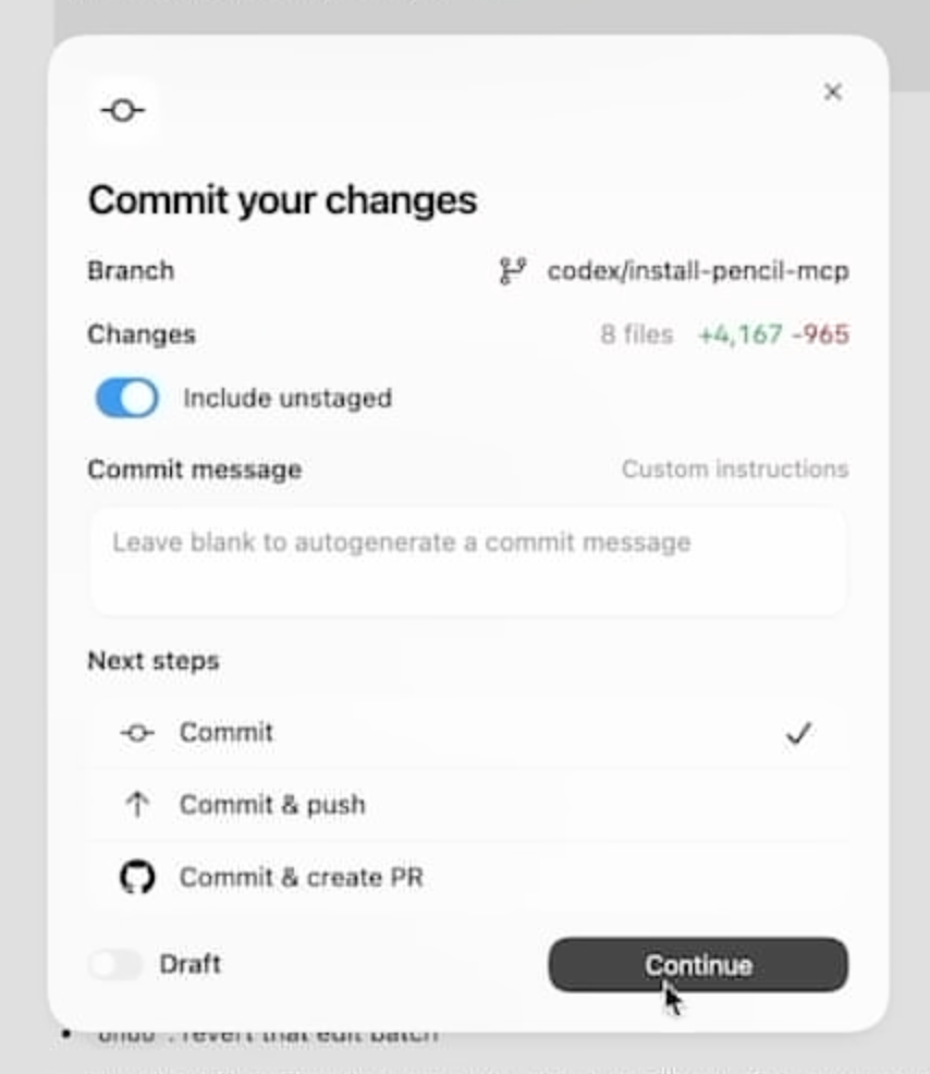 Codex commit modal